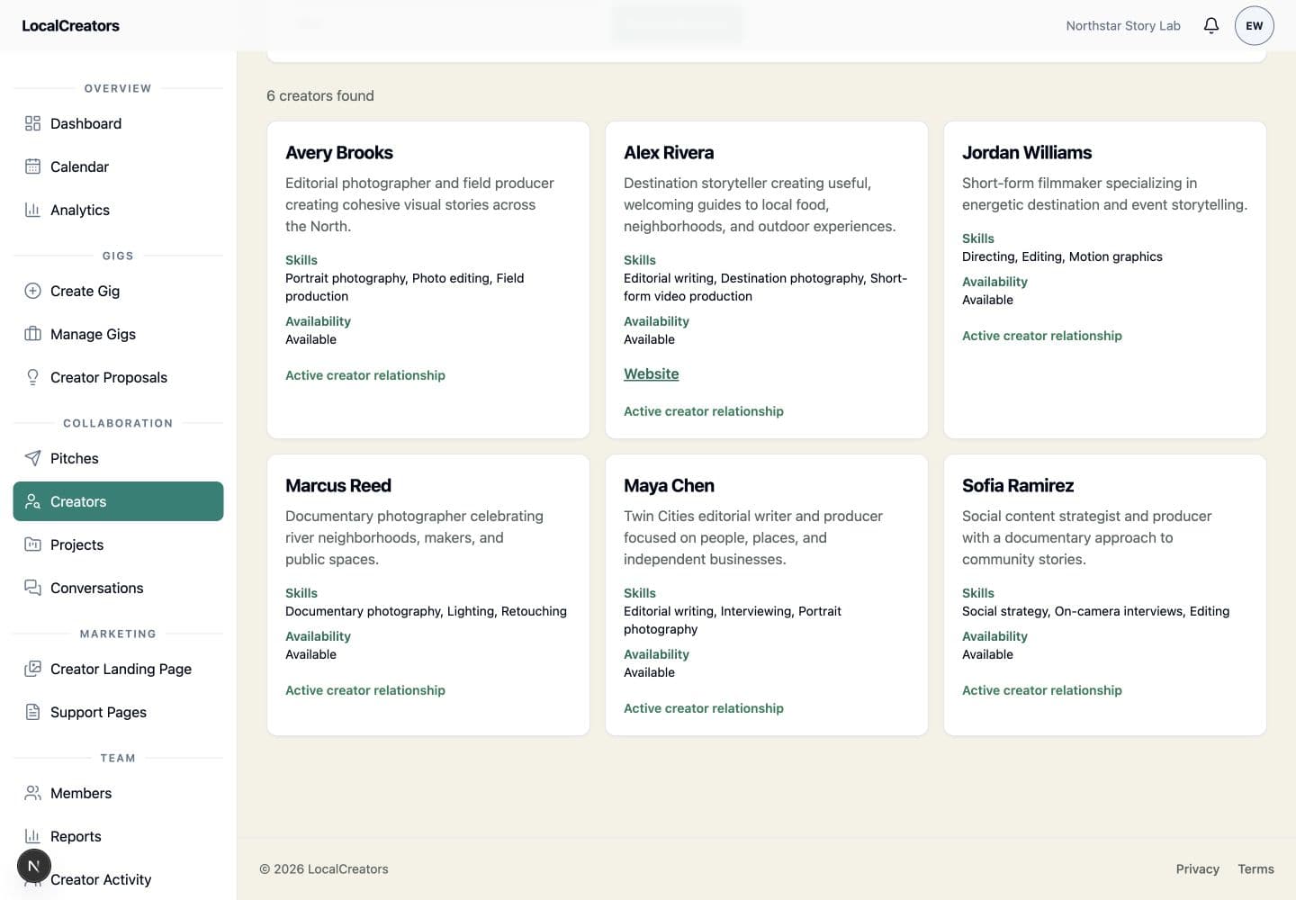 LocalCreators creator directory with the Northstar Story Lab roster and creator specialties.