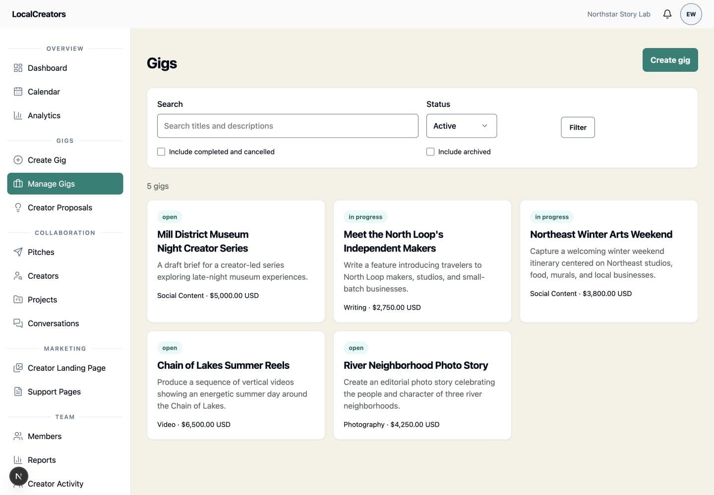 LocalCreators gig management screen showing five Northstar Story Lab opportunities, budgets, and statuses.