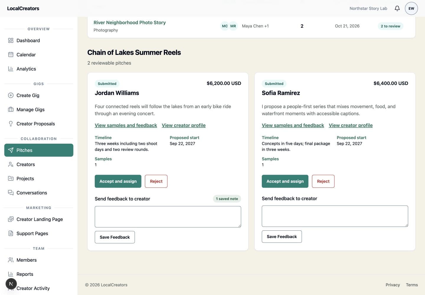 LocalCreators pitch review screen comparing two creators’ approaches, budgets, and timelines for Chain of Lakes Summer Reels.