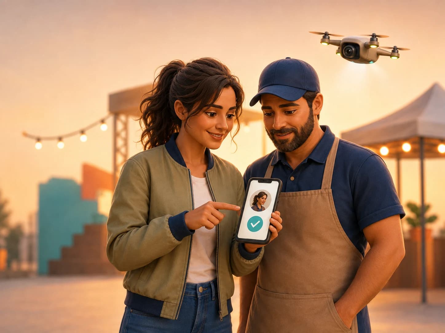 A local creator and a shop owner finding their creative match, with a tiny camera drone overhead