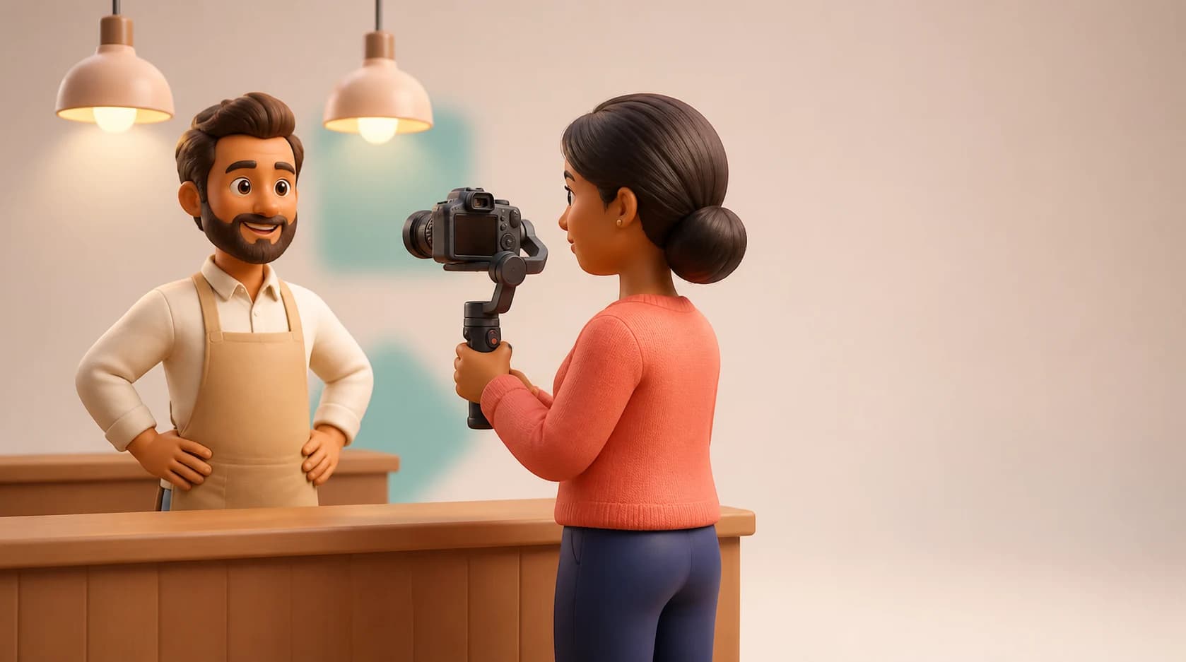 A creator filming a local restaurant owner