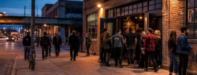 Concertgoers arriving at a neighborhood music venue in Chicago